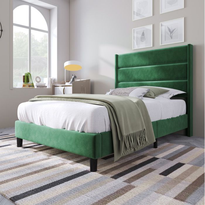 Ensemble lit rembourre 90 x 200 cm - Velours vert fonce - Sommier a lattes et matelas 7 zones inclus