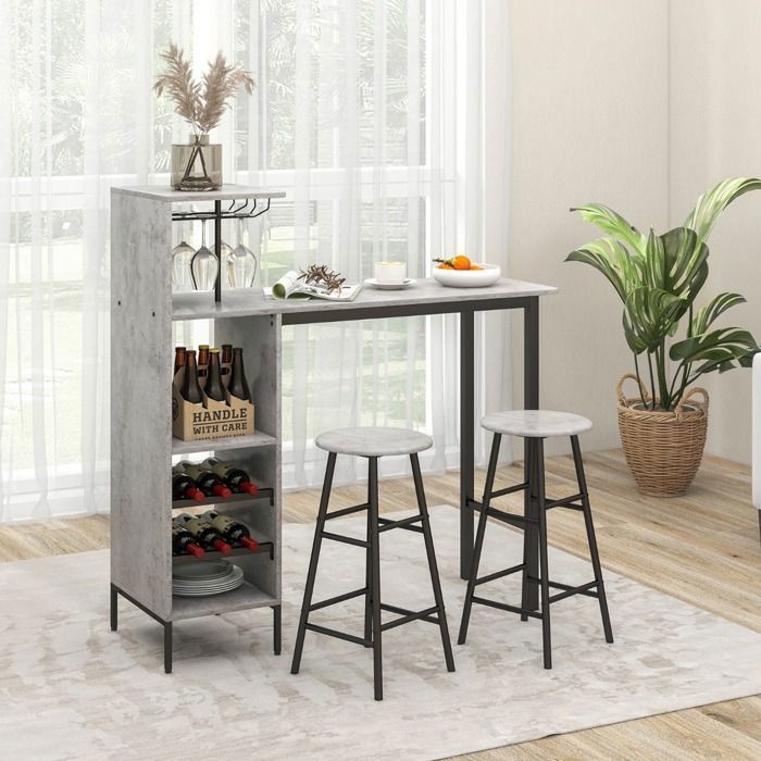 Table de bar 120 cm avec 2 tabourets porte-verres rangement bouteilles design moderne gris pour cuisine et salon