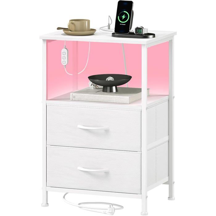 Table de Chevet Connectée LED avec Station de Charge USB - 2 Tiroirs Rangement Moderne 30x40x60 cm pour Chambre et Salon Blanche