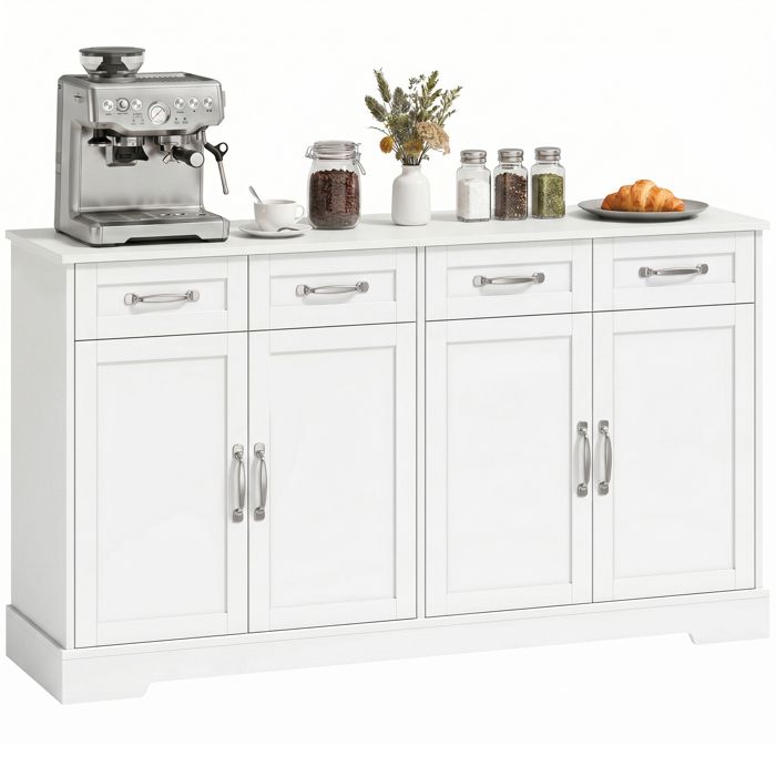 Buffet cuisine - HOMCOM - 4 tiroirs 4 portes 2 étagères réglables style shaker kit anti-basculement - bois - 140x38x80cm - blanc