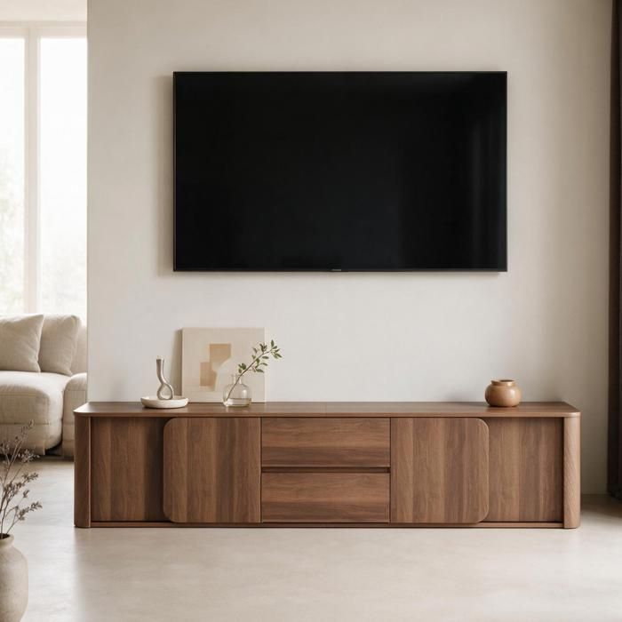 Meuble TV vintage FUFU&GAGA - 4 portes et 2 tiroirs Meuble bas avec aspect du bois salon et chambre 200x40x45 noyer