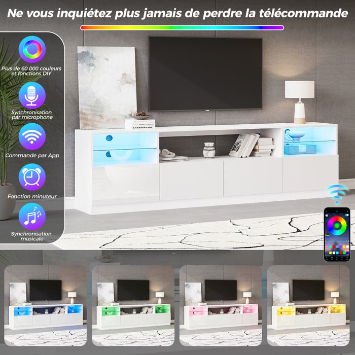 Meuble TV LED avec 4 portes 8 rangements finition blanc brillant pour salon et espace multimédia