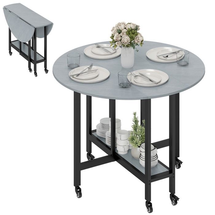 Table de salle à manger pliante à roulettes avec étagère ouverte idéale pour les petits espaces gris ciment Table de salle à manger pliante à roulettes avec étagère ouverte idéale pour les petits espaces gris ciment
