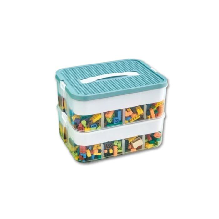 Boite Rangement Plastique pour Lego Briques - 2 Couches Empilable Transparente Verte - Couvercle Plateau de Jeu - Compartiments