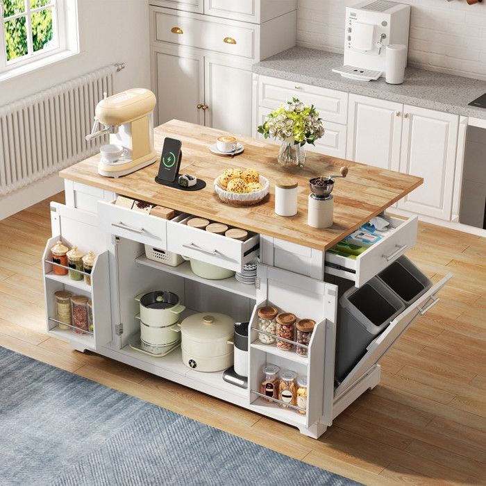 Îlot de cuisine 138cm aspect bois avec plan rabattable roulettes prise EU étagères réglables espace poubelle extractible blanc