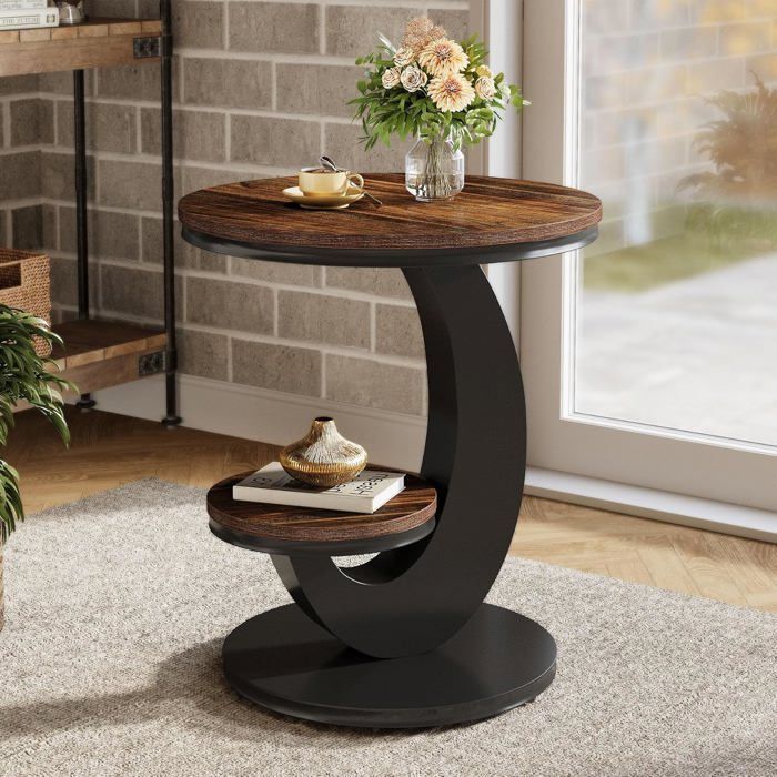 Table dAppoint Ronde Bout de Canapé à 2 ux avec Cadre Métallique Table de Chevet Design Industriel pour Petits TABLE DAPPOINT