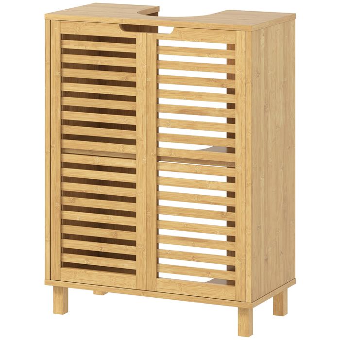 Meuble Sous Vasque - Meuble Salle de Bain Bambou 2 Portes Persiennes Étagère - 60 x 30 x 80 cm - Bambou Naturel