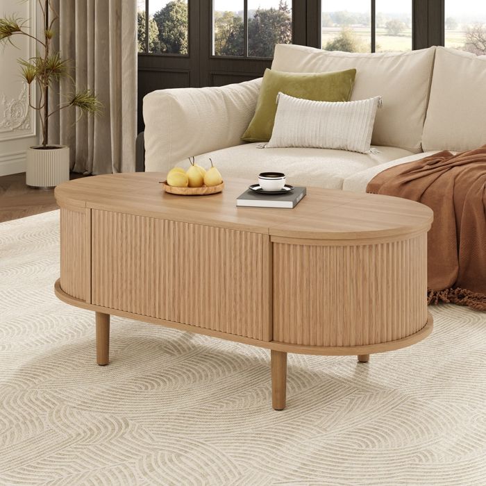 Table de Salon Ovale avec Rangement Caché de 3 Compartiments-Table Basse Relevable-Meuble en Bois pour Maison-Natural