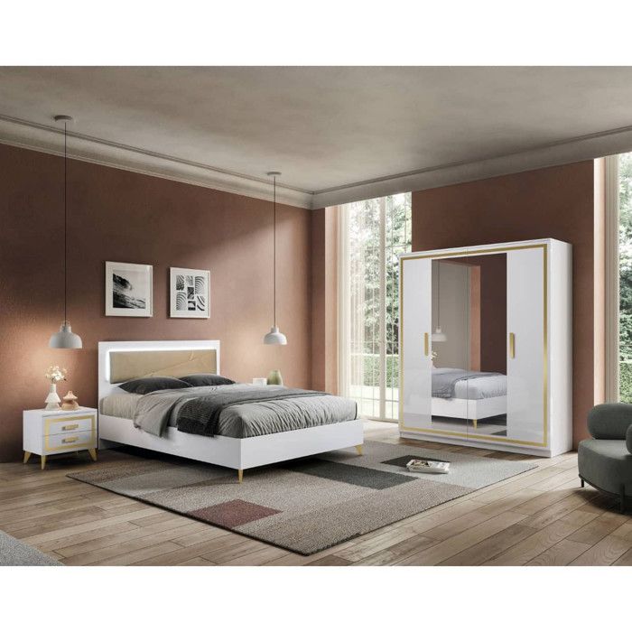 JEMMA - Chambre 160x200cm Blanche et Or Lit Tête Rembourrée avec Leds + 2 Chevets + Armoire JEMMA - Chambre 160x200cm Blanche et Or Lit Tête Rembourrée avec Leds + 2 Chevets + Armoire