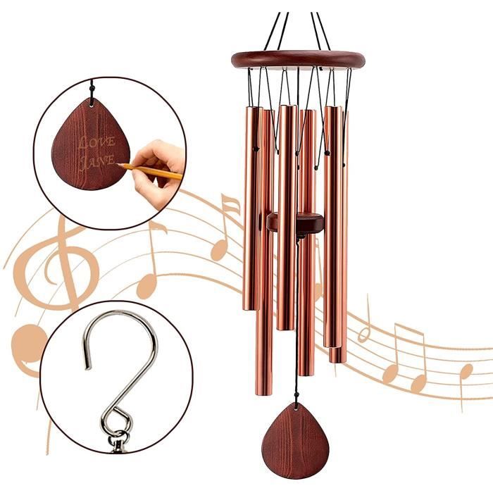 Carillon à Vent Jardin En Bois Pin Et Aluminium - 6 Tubes, 65 Cm - Décoration Extérieure/intérieure, Cadeau Apaisant