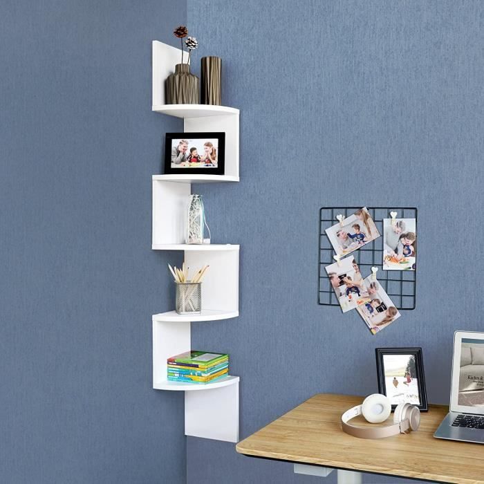 étagère d'angle - bibliothèque d'angle scandinave, moderne et minimaliste, avec 5 tablettes robustes et résistantes, bois blanc