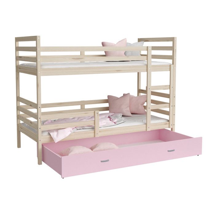 Lit Superposé Milo 90x190 tiroir + Matelas Pin - rose