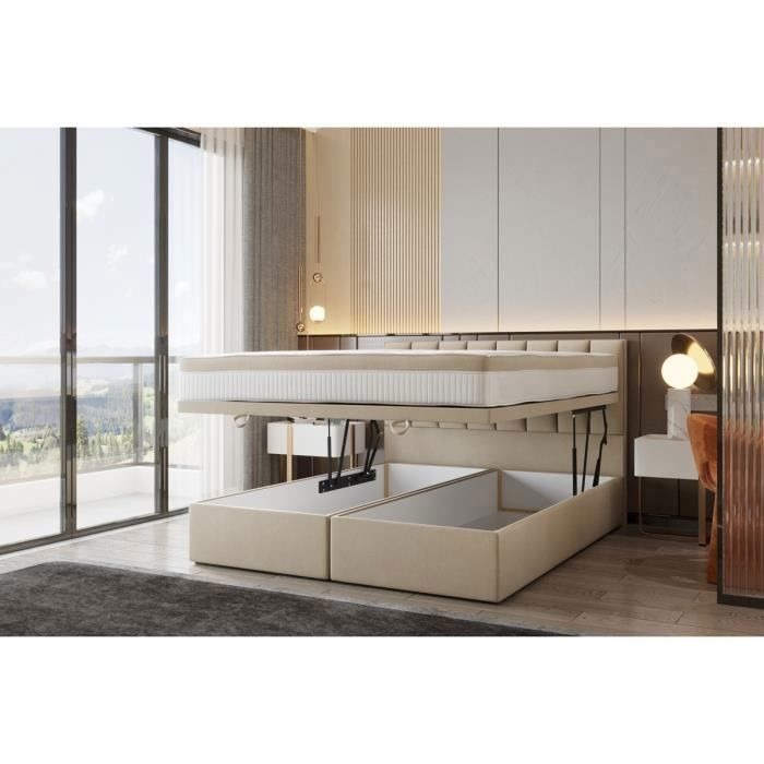 Lit adulte 200x200 cm BOND - avec rangement et matelas ressorts ensachés - tissu velours - beige Lit adulte 200x200 cm BOND - avec rangement et matelas ressorts ensachés - tissu velours - beige