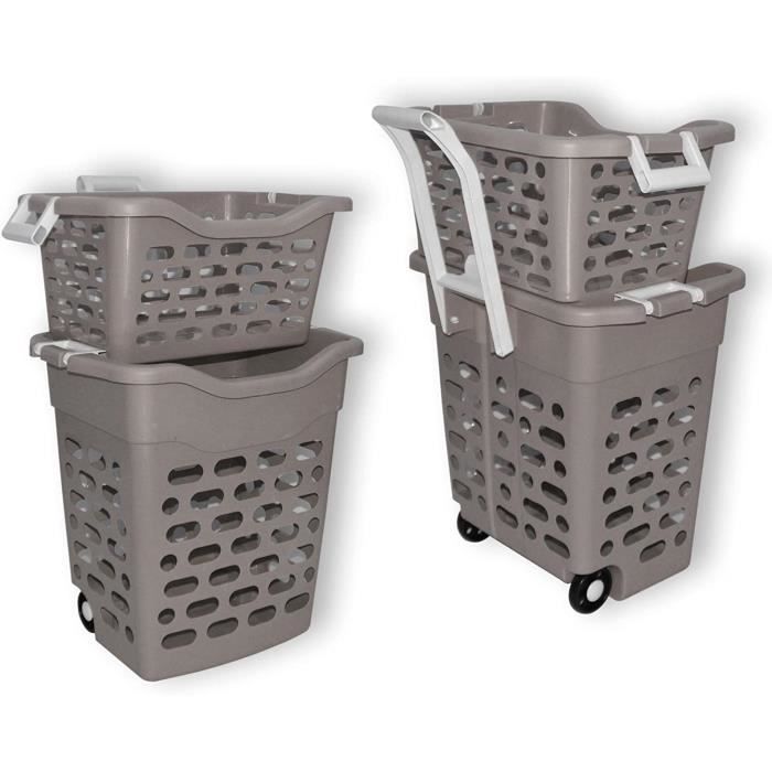 Panier À Linge Sur Roulettes Gris Poignée Rétractable 2 Casiers Trieur Blanchisserie Couleur Lingerie Shopping