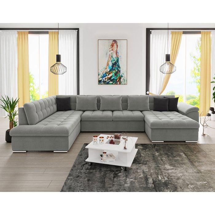 Chuck - canapé panoramique dangle gauche XXL - convertible avec coffre - 7 places - Gris