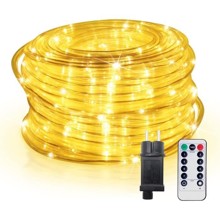 Guirlande Lumineuse Tube LED 10 Mètres - 100 LED Blanc Chaud, IP65 étanche, 8 Modes, Télécommande, Alimentation Par Piles AA (non Incluses)