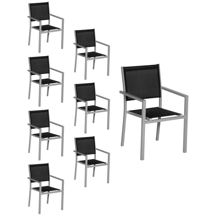 Lot de 8 chaises en aluminium gris - textilène noir Lot de 8 chaises en aluminium gris - textilène noir