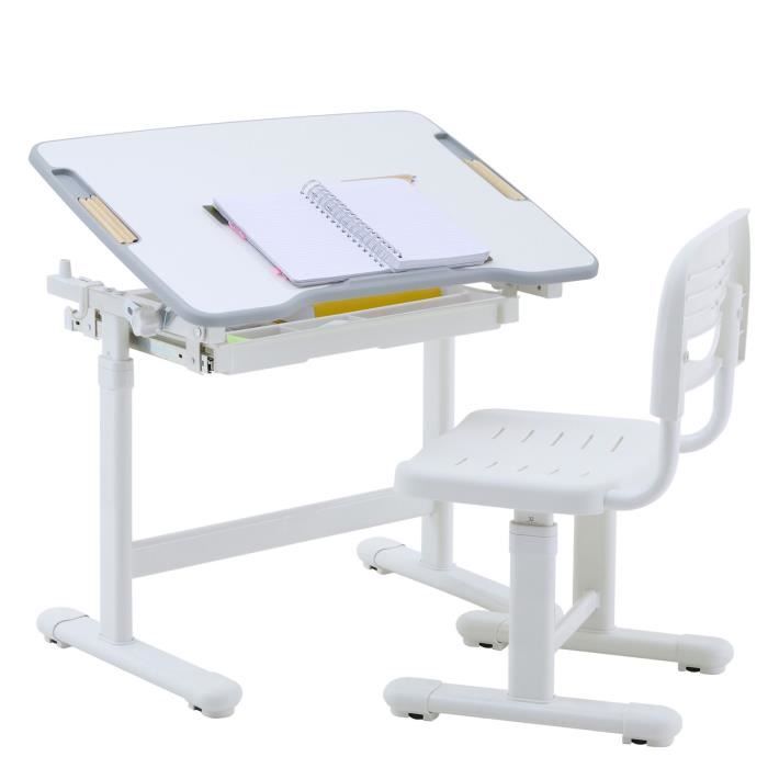 Ensemble bureau et chaise pour enfant TUTTO table et chaise réglable en hauteur, pupitre inclinable, métal et plastique blanc