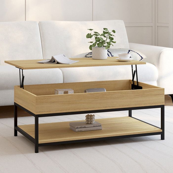 IDMARKET Table basse plateau relevable rectangulaire DETROIT 100 cm et étagère inférieure design industriel