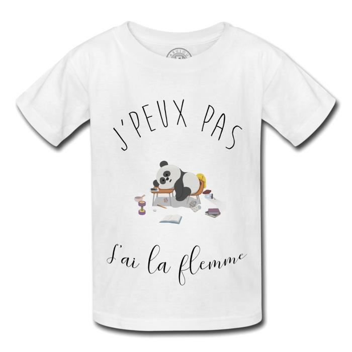 T-Shirt Enfant J'Peux Pas J'Ai La Flemme  Dessin Panda Avachi sur Bureau 