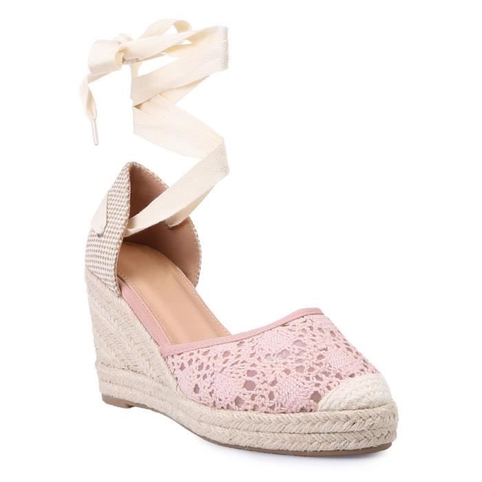 Espadrilles compensées roses dentelées à nouer - Femme - Adulte - Talon compensé aspect cordage tressé