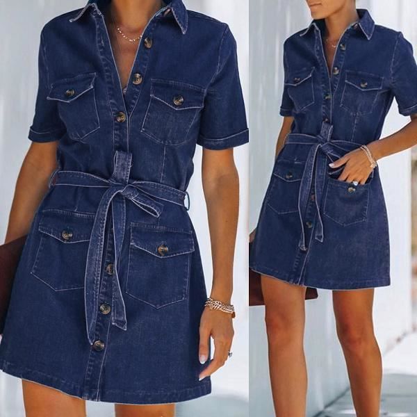 col rabattu Denim longues robes ...