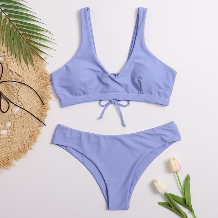 Bikini push-up pour femme - Dentelle - Braided Floral - Grande taille - Maillot de bain à lacets - Col