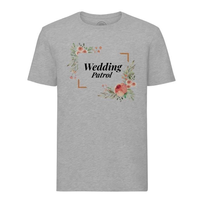 T-shirt Homme Col Rond Gris Wedding Patrol Mariage Fiancée Cadre Floral