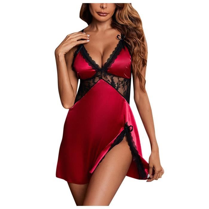 Nuisette En Satin Et Dentelle Rouge/noir Pour Femme - Venus Plaza