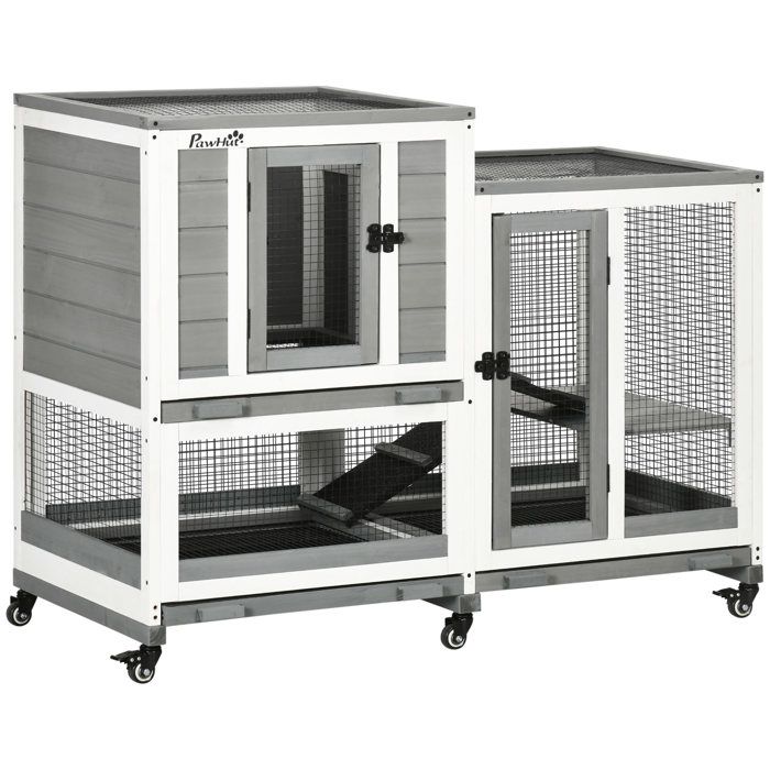 Clapier lapin intérieur - cage lapin - PawHut - design luxe 3 niveaux plateaux amovibles roulettes - bois - 110x50x86cm - gris