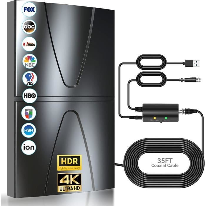 Antenne TV Intérieure Amplifiée 2025 - Portée 600KM - Pour TNT HD 4K - Avec Câble Coaxial 10m