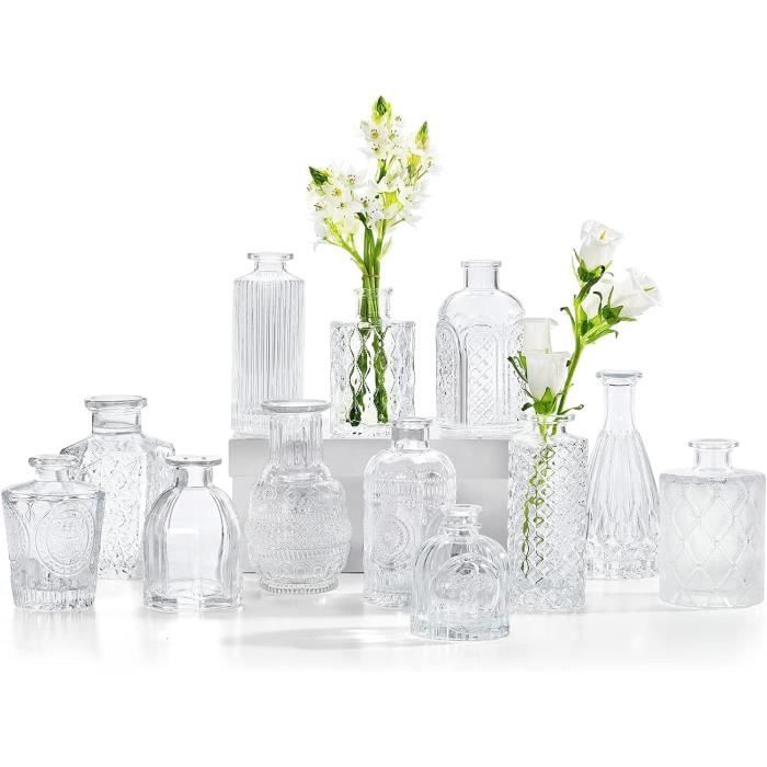 Lot De 12 Petits Vases En Verre Transparent - Mini Vases Pour Fleurs - Neuf Sous Film - Marque Inftyle