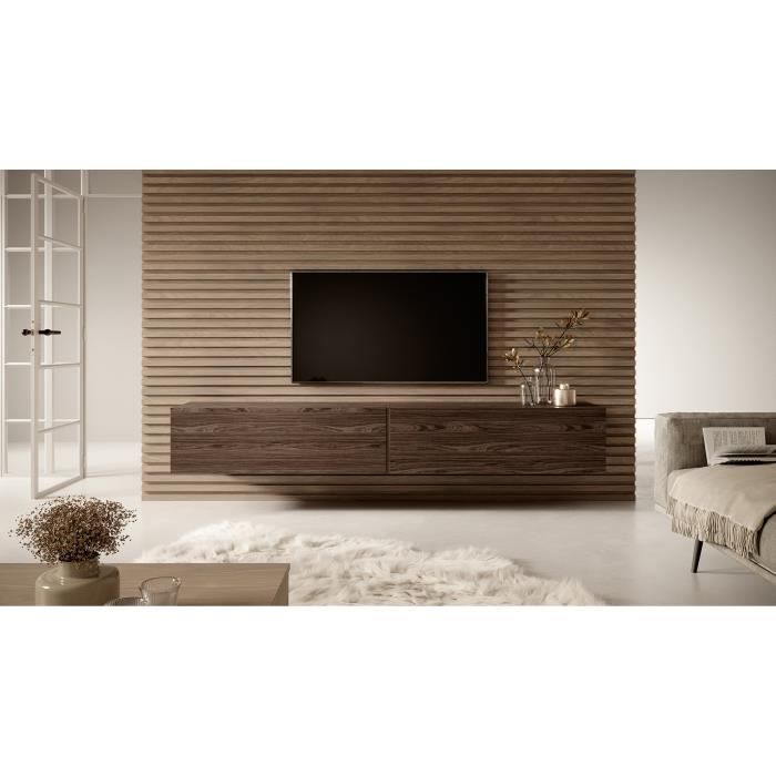 Meuble TV - SELSEY - BISIRA - Noyer Wisconsin - 200 x 316 x 30 cm - 2 étagères