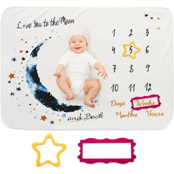 Babyfun Couverture Étape Bébé Imprimée Double Face – Tapis Mois Bébé En Français + Accessoires Bois – Cadeau Naissance Idéal Fille Ou Garçon – Oeko-TEX Certifié