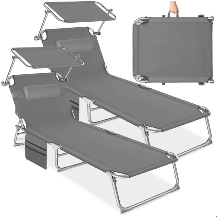 Bains de soleil - TECTAKE - Lot de 2 chaises longues transats CHLOÉ pliable pare-soleil appui-tête et pochette latérale - Gris