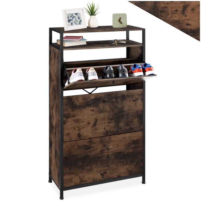 Meuble à chaussures - TECTAKE - Meuble à chaussures BRADDOCK en panneau aggloméré 61 x 32 x 130 cm - Bois foncé