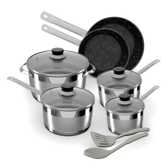 Set Cuisine 8 Pièces : 5 Casseroles Inox + 3 Poêles Aluminium Antiadhésives - Gris Métallisé