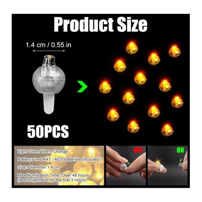 Lr41 Led Lot de 50 LED Balloon Lumière,Rond LED Ballons Lumineux Orange Chaud ...