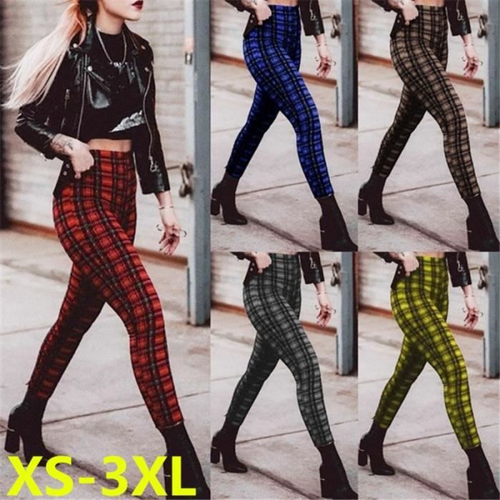 Leggings taille haute a carreaux PANTALON modele pantalons decontractes Rouge Spandex eleve Blanc Cdiscount Pret a Porter