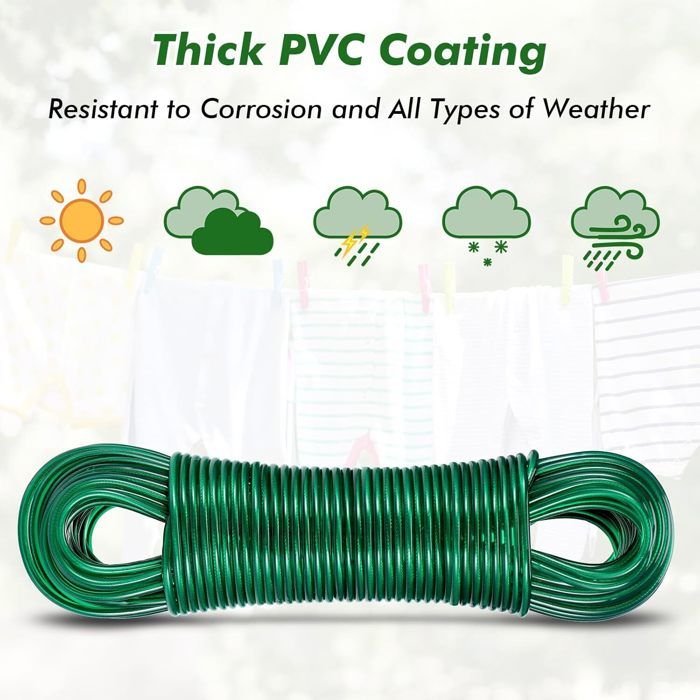 Corde à Linge Extérieure 50 M Avec Noyau Acier - Résiste à La Rouille, Charge 150 Kg - Idéale Pour Jardin, Balcon, Camping