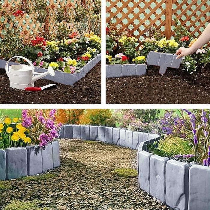EXLECO Bordure De Pelouse Gris 5m - 20 Panneaux Clôture Effet Pierre Pour Jardin Et Allées