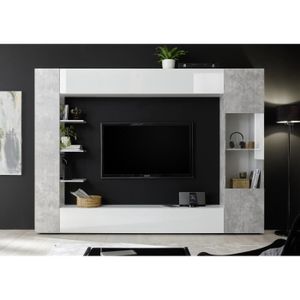 MEUBLE TV MURAL Composition murale TV SIENNA - Laqué blanc et béton - L295 x P30 x H187 cm