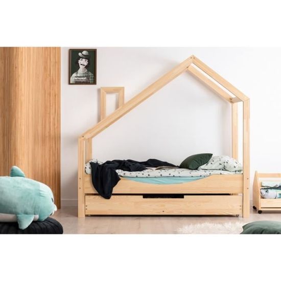 Lit enfant 100 x 190 cm avec sommier et tiroir (2e couchage possible) type cabane en bois naturel, modèle NE
