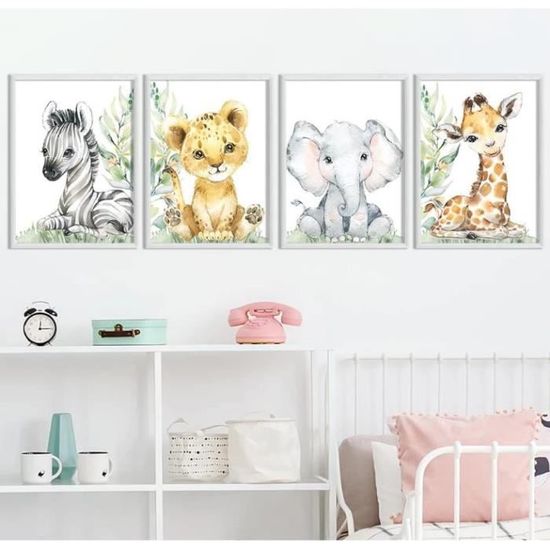 Lot De 6 Affiches Safari Animaux Bébé - Éléphant, Girafe, Zèbre, Tigre... - Format 21x30 Cm - Décoration Chambre Enfant