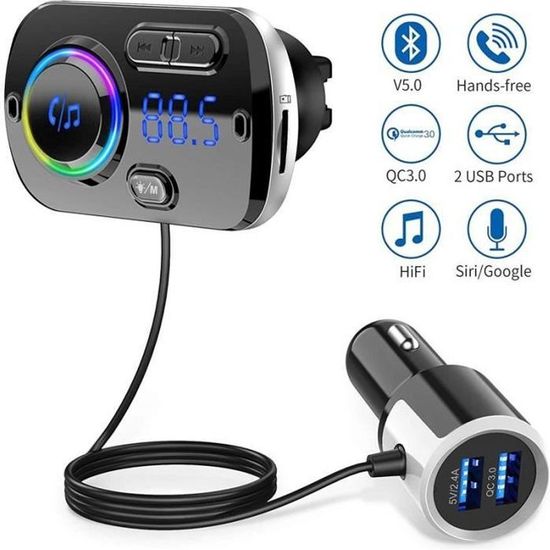 Adaptateur Bluetooth Voiture Avec émetteur FM - Bluetooth 5.3, Charge Rapide QC3.0+PD30W, Mains Libres