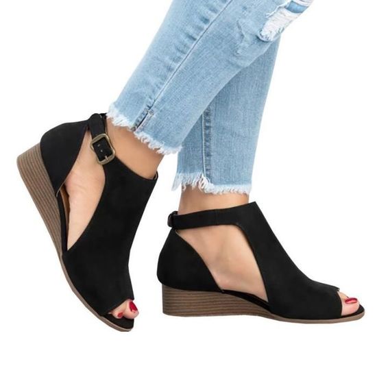 Sandales D'Été Tendance Femme Steppers - Talon Compensé Boucle Paillettes Bout Rond