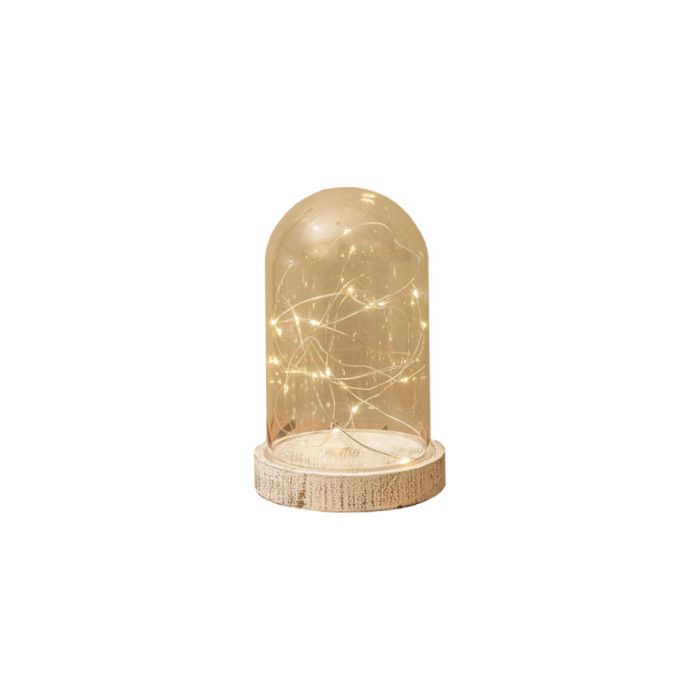 Cloche en verre décorative vintage base en bois 20 led 10x16cm à piles