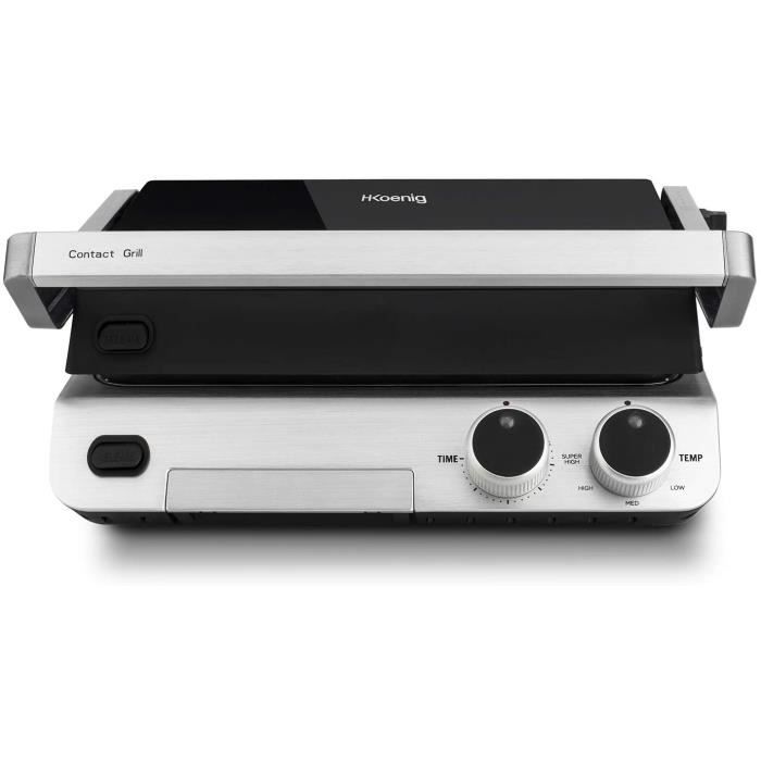 GRILL ELECTRIQUE H.Koenig Contact Grill Plancha Electrique de table GR70 Inox 2000W Ouverture 180° Professionnel, Plaques 26