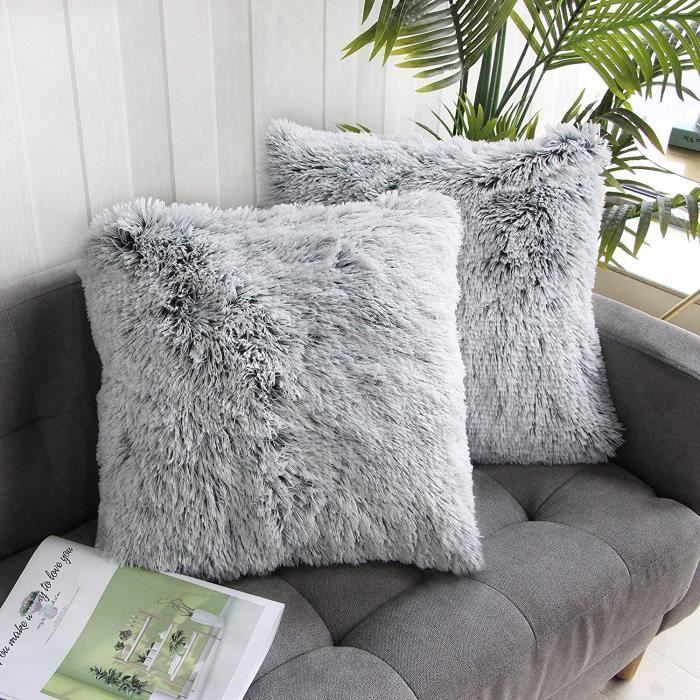 Uhomy Lot de 2 housses de coussin en fausse fourrure pour canapé ou lit 45 x 45 cm. 2 pieces, 20-*20- Gris ombré.