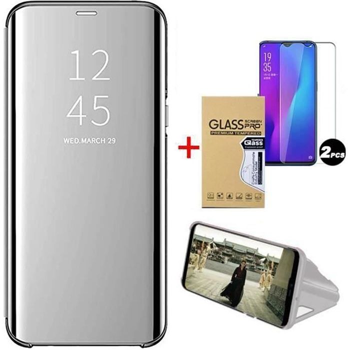 Luxe Coque Samsung Galaxy A52 (5G), integral avec 2 Film Verre Trempé Translucide Clear View Cover Cuir Protection, Argent
